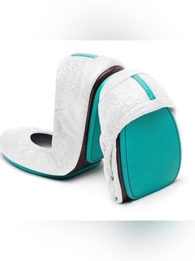 Tieks White Foldable Heels with Teal Accents